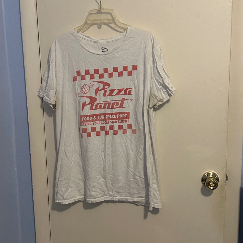 Disney's Toy Story Pizza Planet L White and Red Short Sleeve Shirt